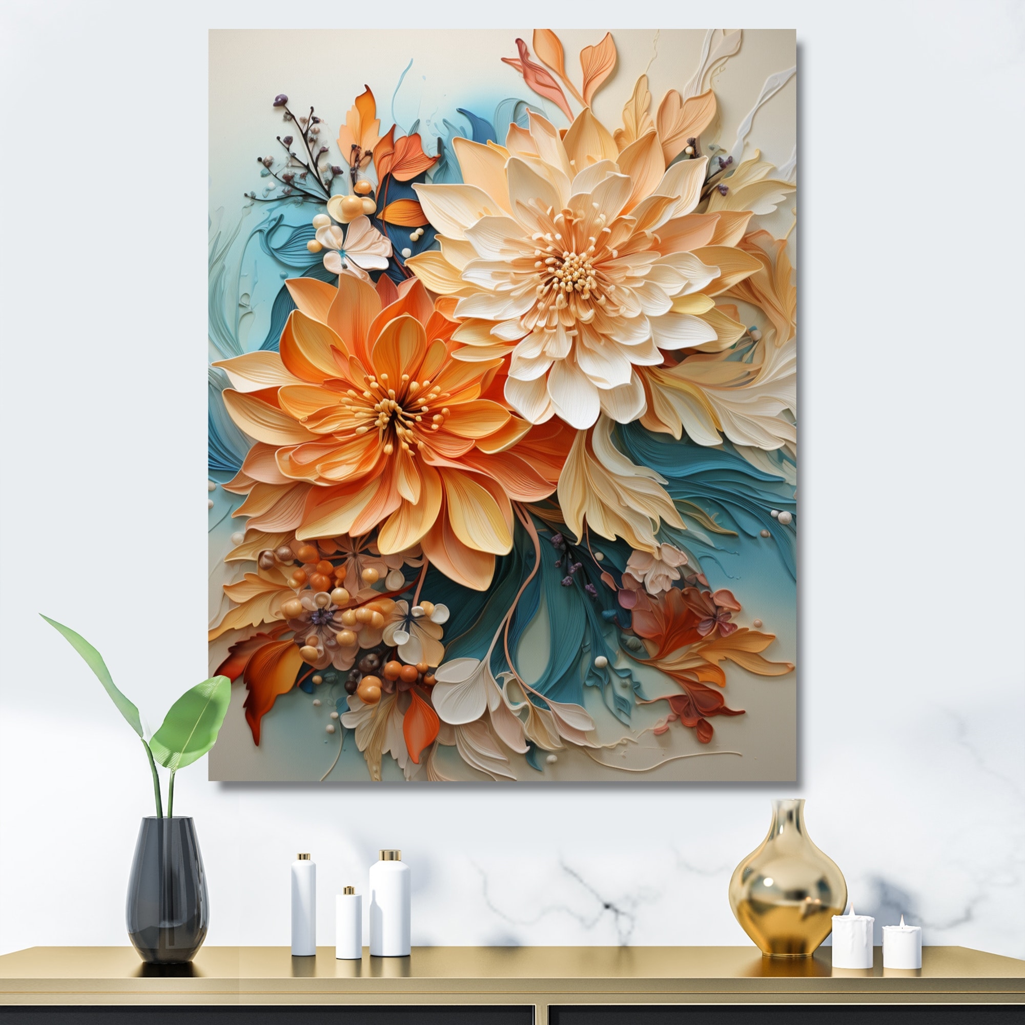 Designart "Gold And Blue Abstract Botanical" Botanicals Wall Art Bed